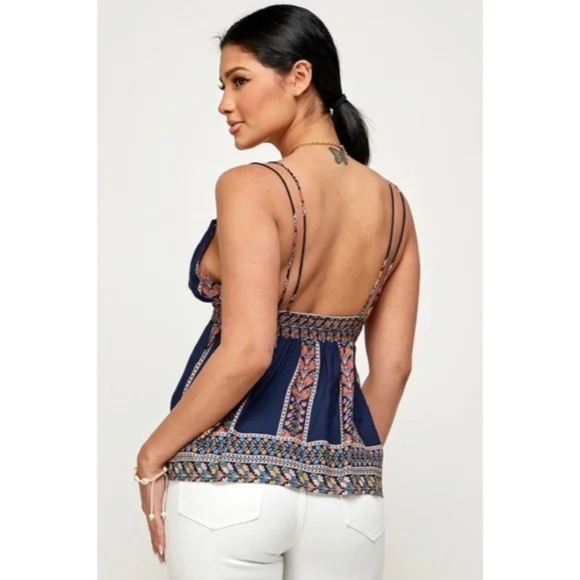 Navy Bohemian Border Floral Print Smocked Casual Cami Tank Top - Picture 4 of 6